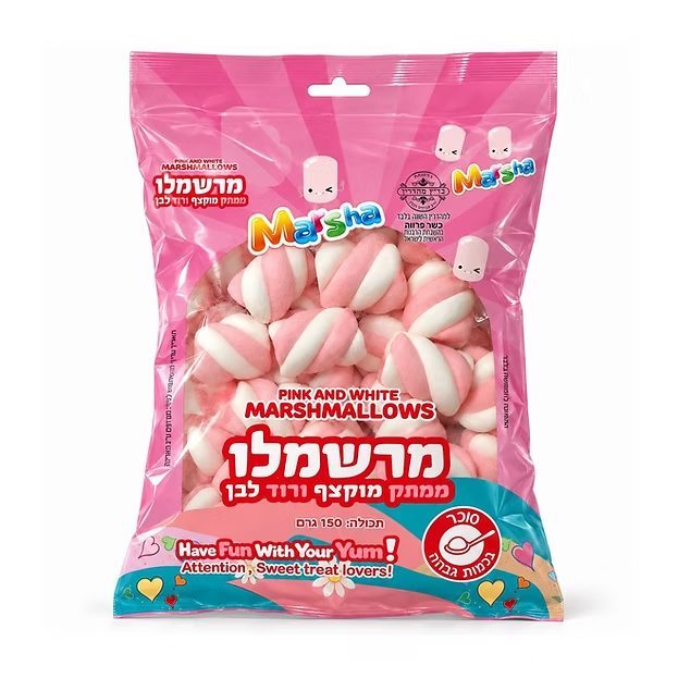 מרשמלו ממתק מוקצף מסולסל ורוד ולבן 150 גרם